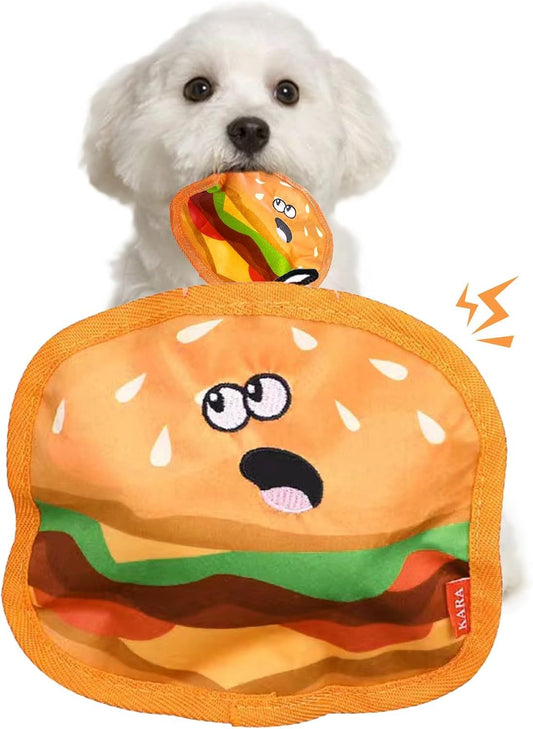 Hamburger Crinkle Squeaky Dog Toy – Durable No-Stuffing Chew Toy for Puppies & Small, Medium, Large Dogs