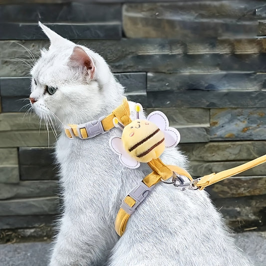Adjustable Cat Harness & Leash Set – Cute Yellow Bee Plaid, Escape-Proof, Lightweight & Soft – Fits Small & Large Cats