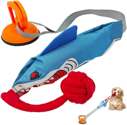 Shark Shape Squeaky Dog Tug Toy with Suction Cup – Durable Rope Pull Toy for Small & Medium Dogs, Indoor/Outdoor Interactive Play