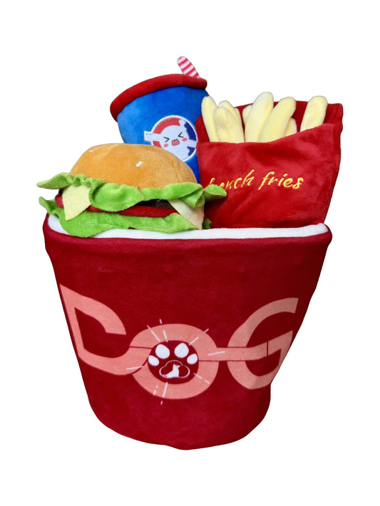 4-in-1 Squeaky Plush Fast Food Dog Toy Set – Bucket, Fries, Soda & Burger for Small & Medium Dogs