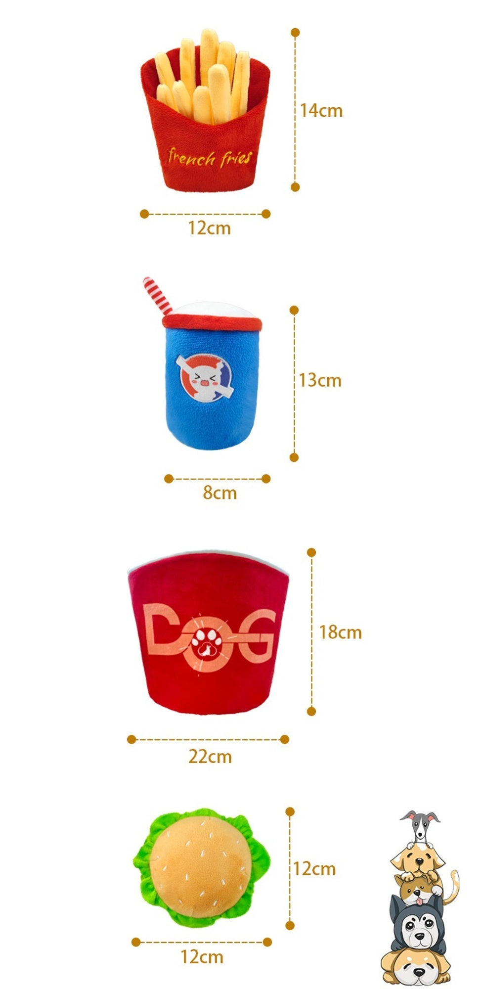4-in-1 Squeaky Plush Fast Food Dog Toy Set – Bucket, Fries, Soda & Burger for Small & Medium Dogs