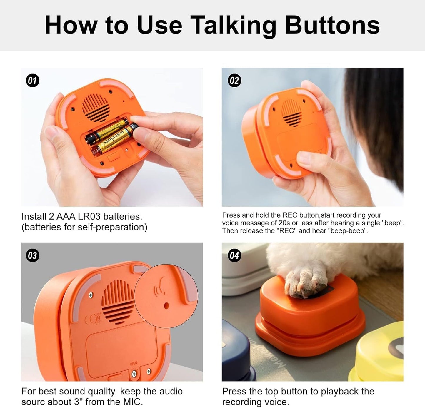 MEWOOFUN Dog Talking Buttons Set – 3 Recordable Communication Buttons for Small & Medium Dogs